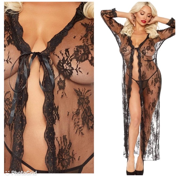 Long Lace Robe W/ Scalloped Trim, Satin waist Tie - Picture 2 of 7